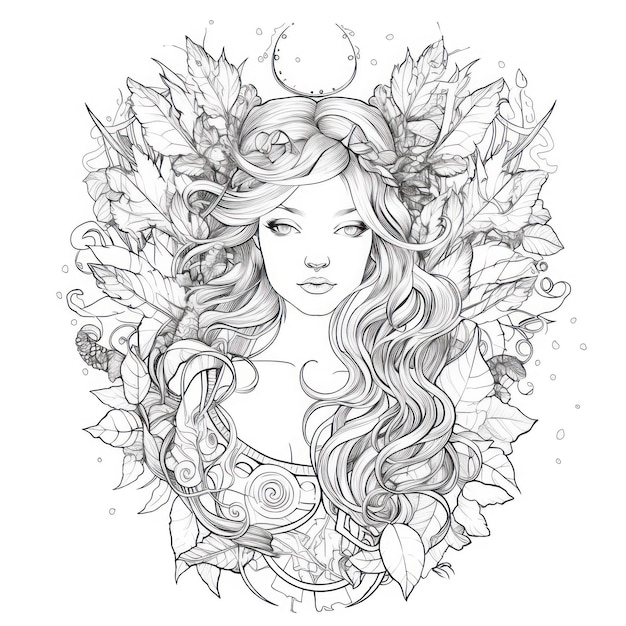 un dessin d'une femme avec une couronne de fleurs et une lune.