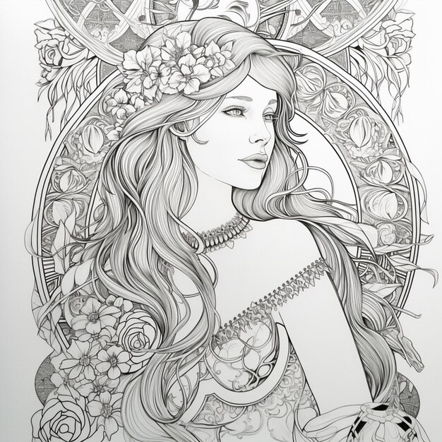 Un dessin d'une femme avec une couronne de fleurs sur la tête ai générative