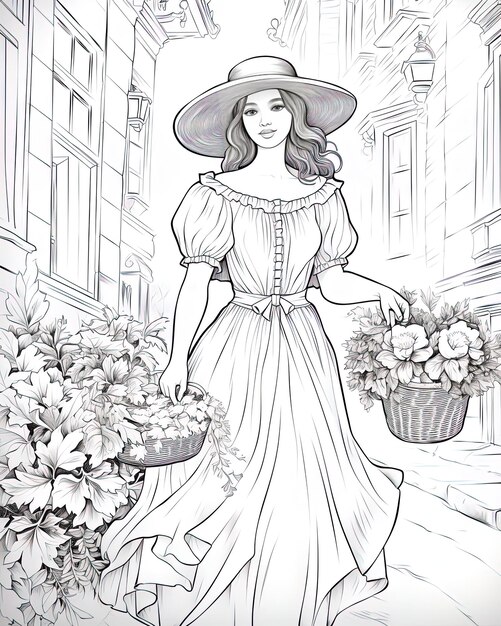 un dessin d'une femme dans un chapeau avec des fleurs dans sa main