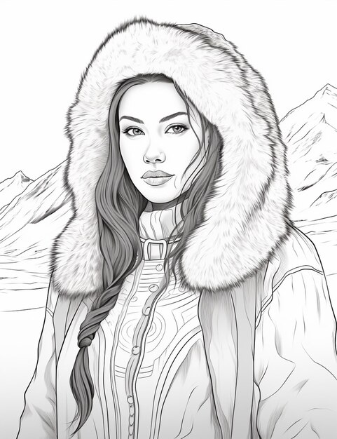 Photo un dessin d'une femme dans un manteau de fourrure avec des montagnes en arrière-plan ai générative