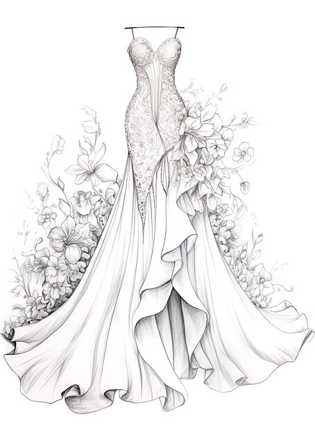 un dessin d'une femme dans une robe blanche avec des fleurs