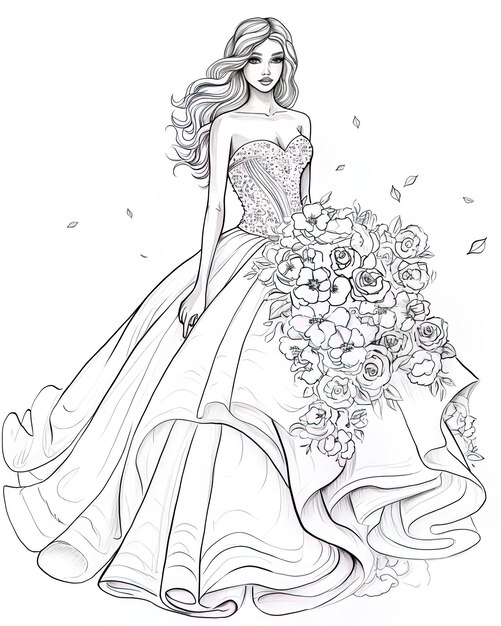 un dessin d'une femme dans une robe avec des fleurs dessus