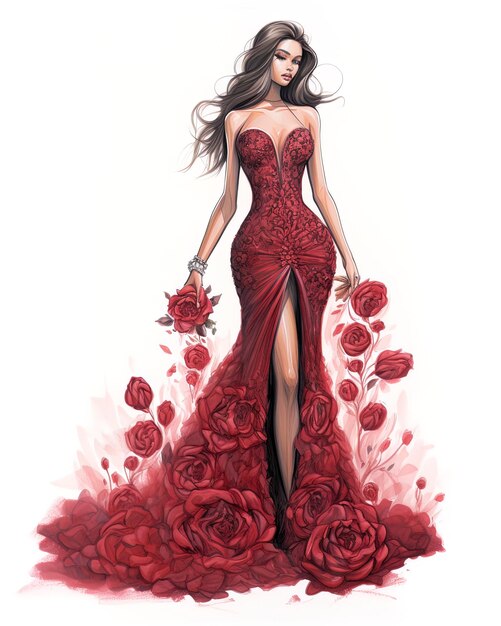 un dessin d'une femme dans une robe rouge avec des roses