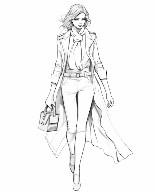 un dessin d'une femme dans un trench coat et un pantalon génératif ai