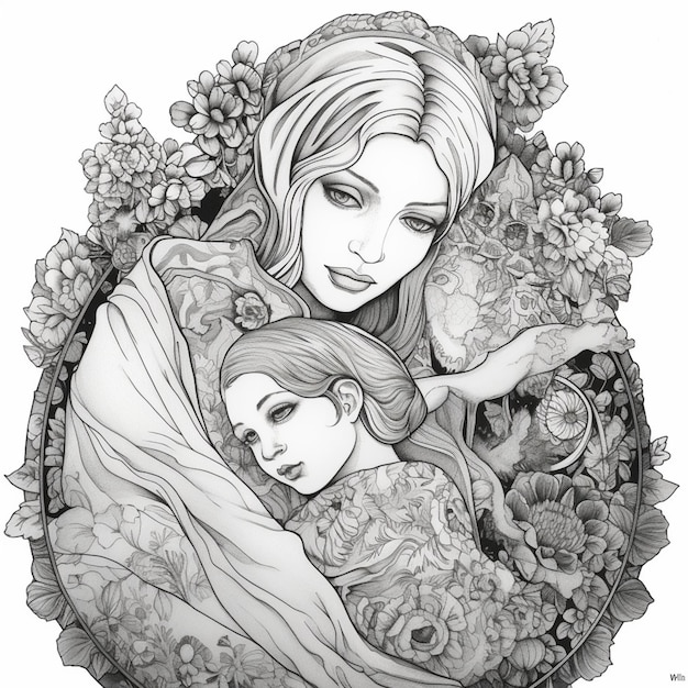 un dessin d'une femme et d'un enfant dans un cadre floral
