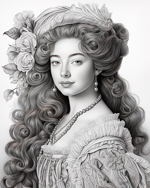 un dessin d'une femme avec une fleur dans les cheveux