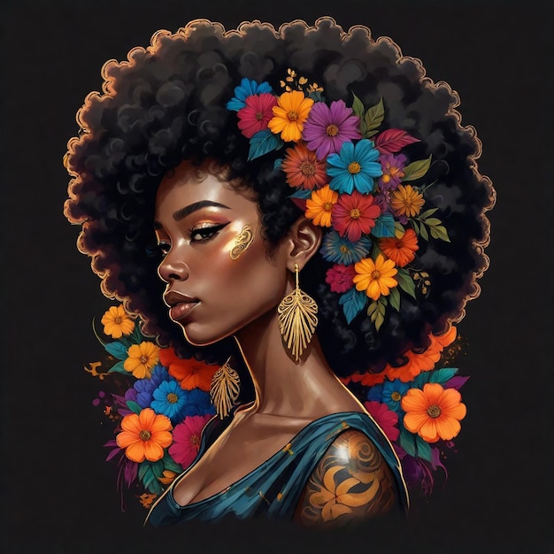 un dessin d'une femme avec des fleurs et une coiffure