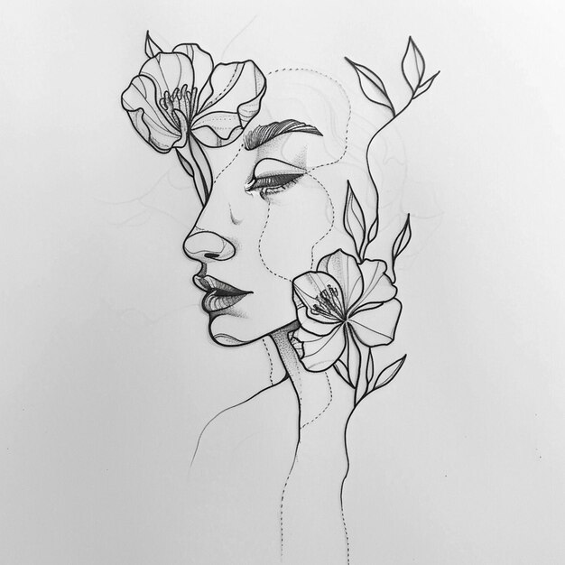 dessin d'une femme avec des fleurs dans les cheveux