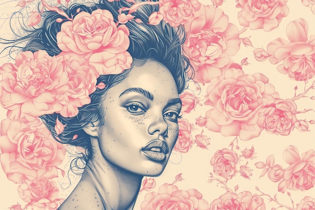 Photo un dessin d'une femme avec des fleurs dans les cheveux