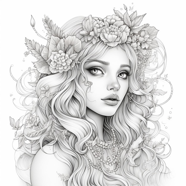 Un dessin d'une femme avec des fleurs dans les cheveux