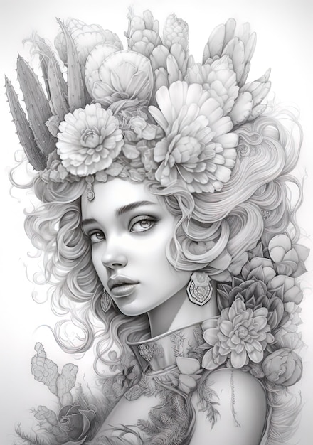 un dessin d'une femme avec des fleurs sur la tête