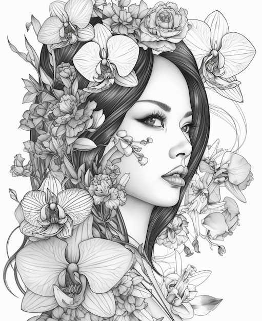 Un dessin d'une femme avec des fleurs sur la tête.