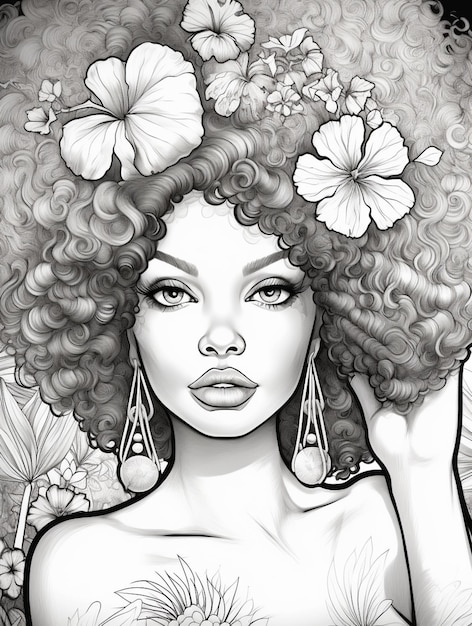 un dessin d'une femme avec un grand afro avec des fleurs dans ses cheveux