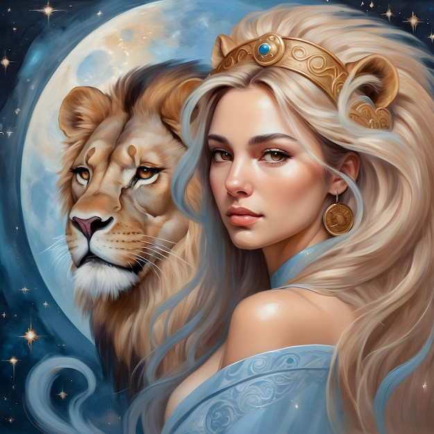 un dessin d'une femme Leo signe du zodiaque Leo