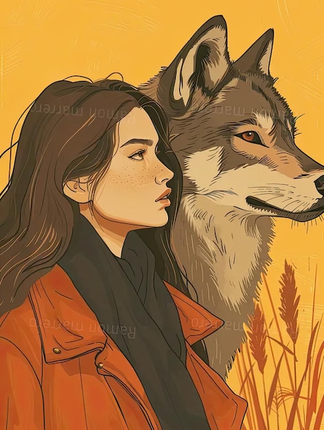 Un dessin d'une femme et d'un loup