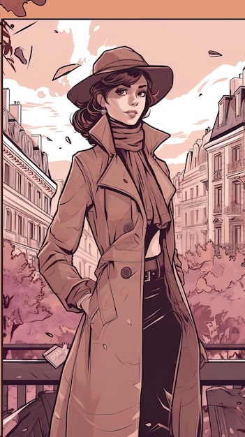 Un dessin d'une femme en manteau et chapeau.