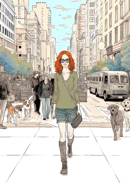 Photo un dessin d'une femme marchant dans une rue avec un chien