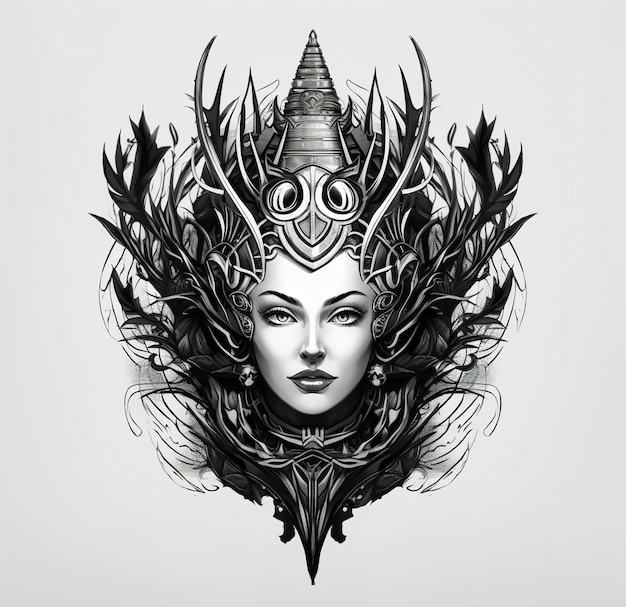 Un dessin d'une femme avec des plumes et une couronne sur la tête.