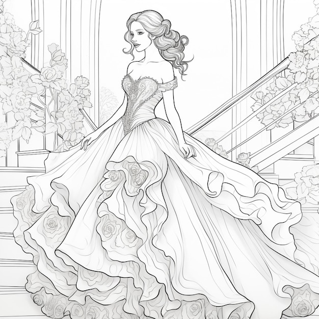 un dessin d'une femme en robe descendant un escalier génératif ai
