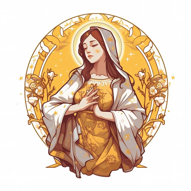 Un dessin d'une femme avec une robe jaune qui dit Jésus dessus