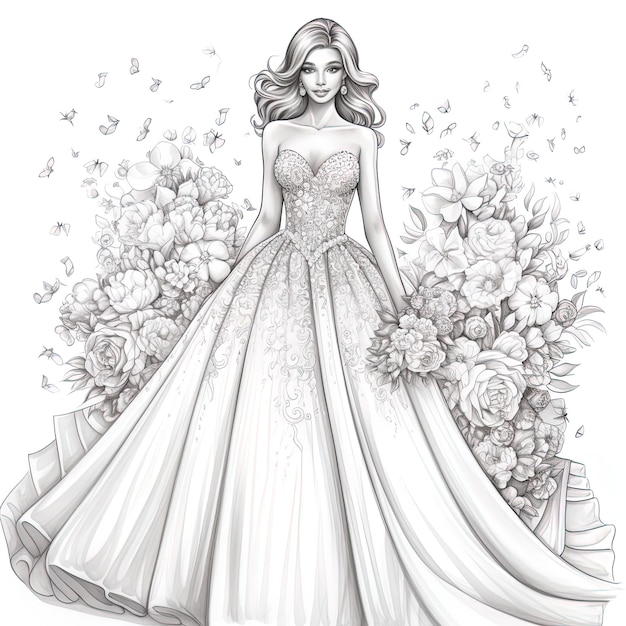 Photo un dessin d'une femme en robe de mariée avec des fleurs et des papillons