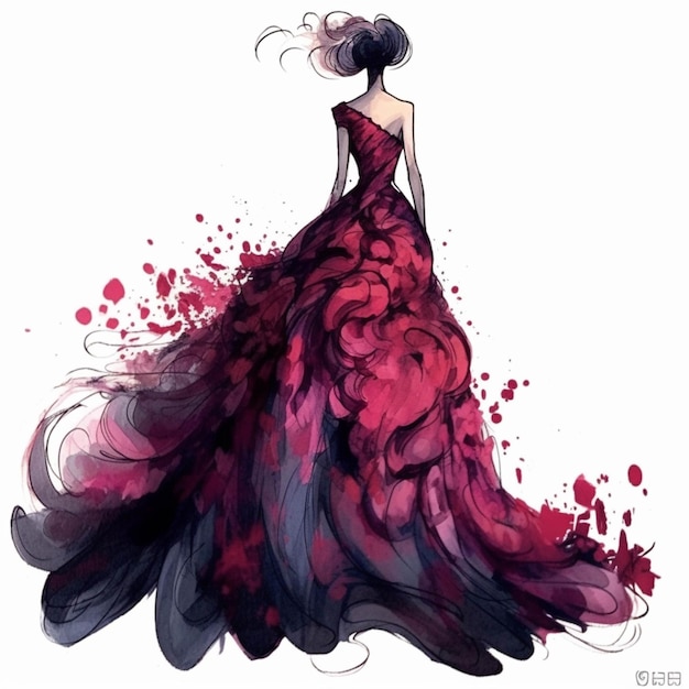 Un dessin d'une femme en robe rouge avec un grand train générative ai