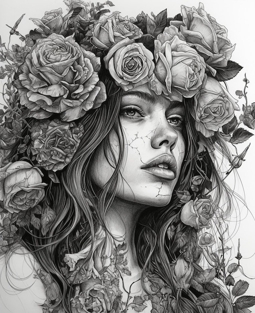 Un dessin d'une femme avec des roses sur la tête.