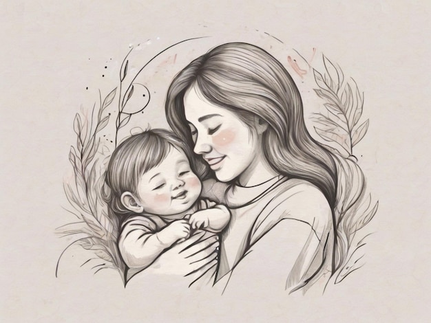 un dessin d'une femme tenant un bébé avec une plante en arrière-plan