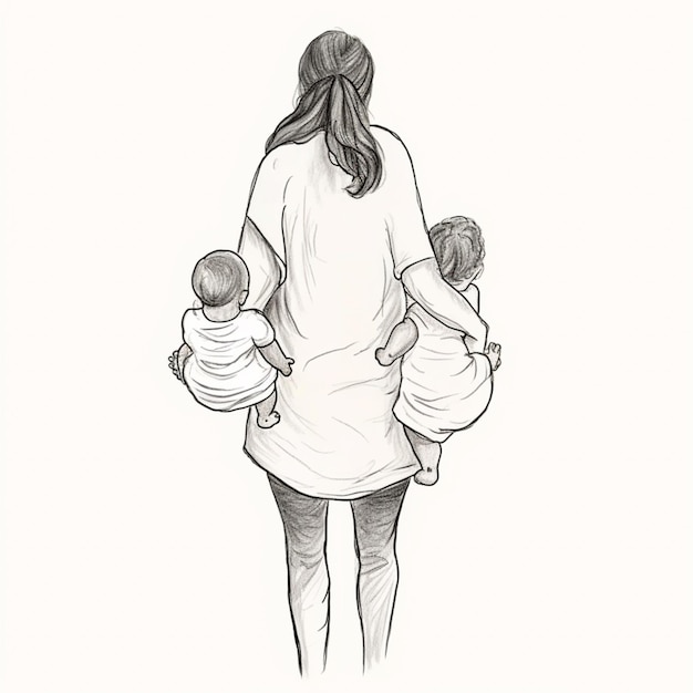 Un dessin d'une femme tenant deux bébés.