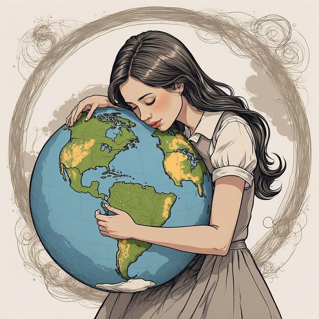 Photo un dessin d'une femme tenant un globe avec le monde autour d'elle