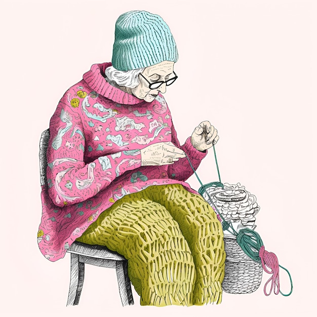 Dessin d'une femme tricotant avec un panier de laine.