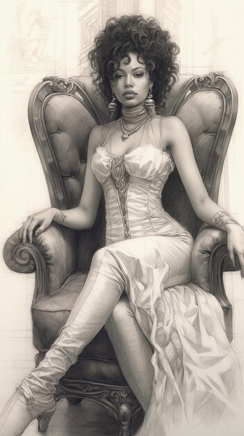 Photo un dessin d'une femme vêtue d'une robe et d'une robe longue assise sur une chaise.