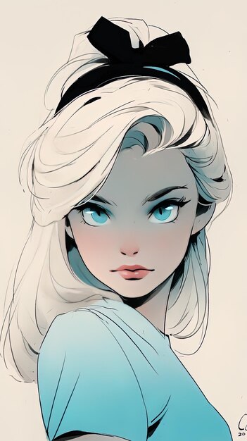 un dessin d'une femme avec des yeux bleus et un fond bleu