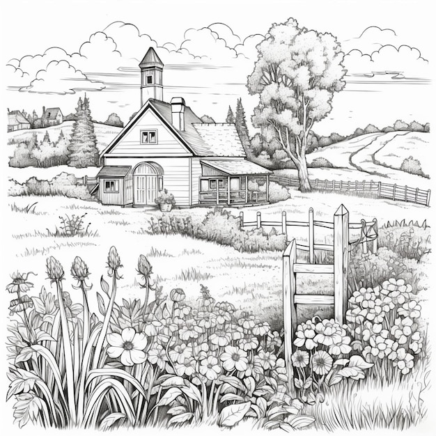 Photo un dessin d'une ferme avec une église et une clôture générative ai