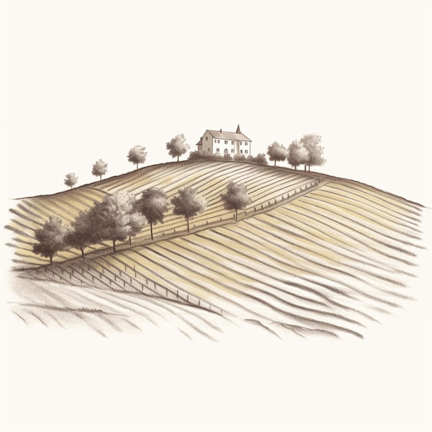 dessin d'une ferme avec une maison et des arbres sur une colline générative ai