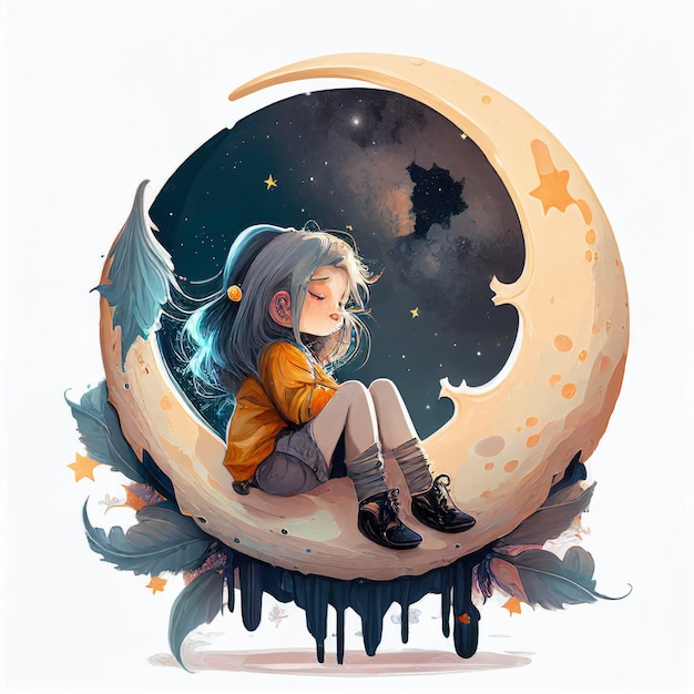 Un dessin d'une fille assise sur un croissant de lune.