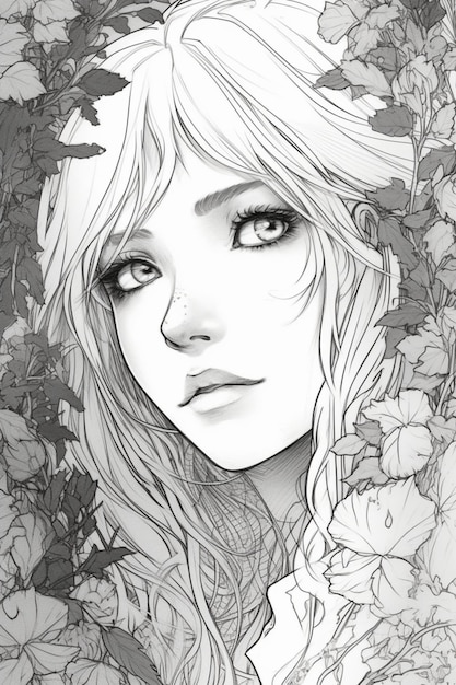 Un dessin d'une fille aux yeux verts et un visage avec des feuilles autour d'elle