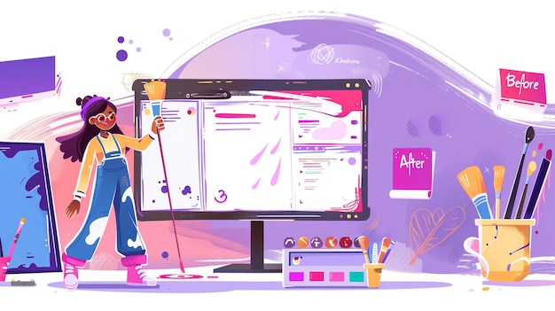 un dessin d'une fille avec un bâton et une photo d'une jeune fille jouant à un jeu avec une image d'un ordinateur
