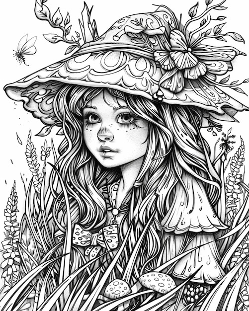 un dessin d'une fille avec un chapeau et des fleurs