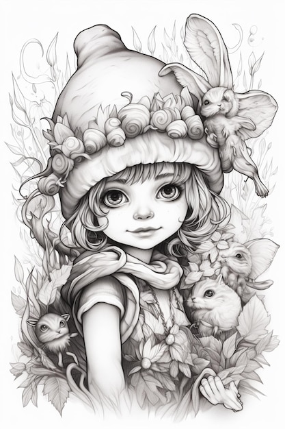 un dessin d'une fille avec un chapeau et des fleurs