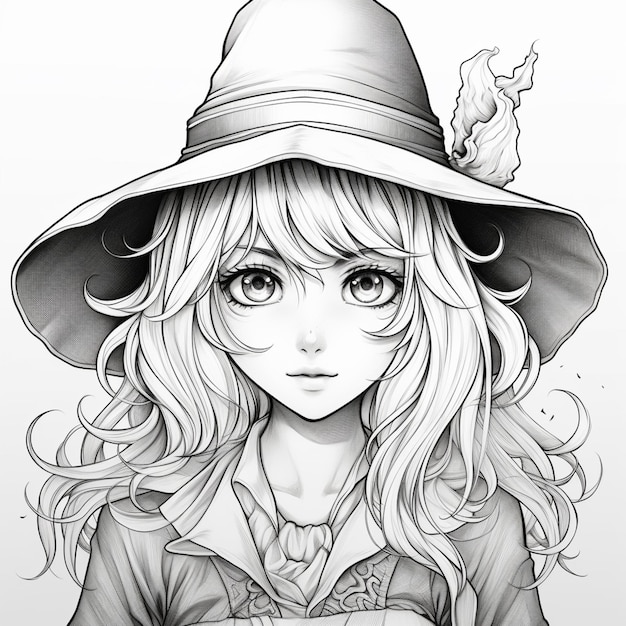 un dessin d'une fille avec un chapeau et une robe générative ai