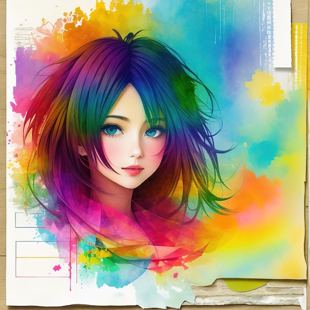 Photo un dessin d'une fille avec des cheveux colorés