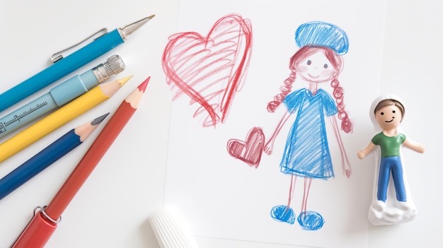 Photo dessin d'une fille et de cœurs avec des crayons et une figurine de jouet montrant une expression créative