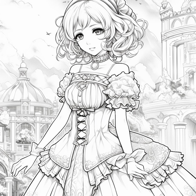 Un dessin d'une fille dans une robe avec un château en arrière-plan