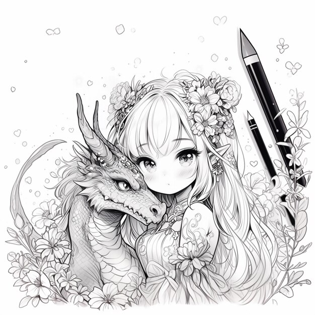 un dessin d'une fille avec un dragon et une épée