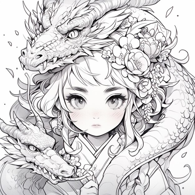 un dessin d'une fille avec un dragon sur la tête