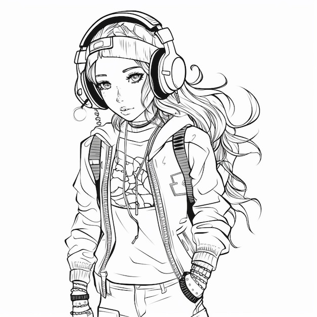 un dessin d'une fille avec des écouteurs et une veste ai générative
