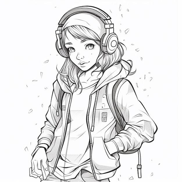 un dessin d'une fille avec des écouteurs et une veste ai générative