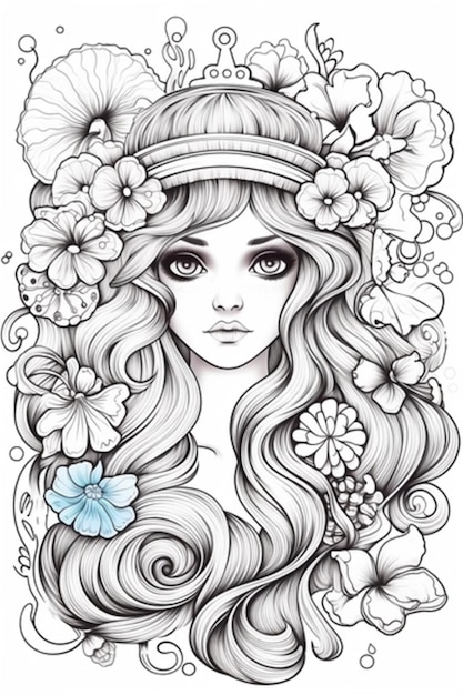 Un dessin d'une fille avec des fleurs sur la tête.