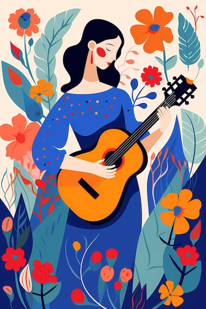 dessin d'une fille avec une guitare dans la nature ai générative